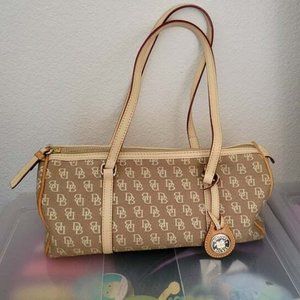 Dooney & Bourke Tan & Light Leather Signature Print Canvas Leather Trim Barrel